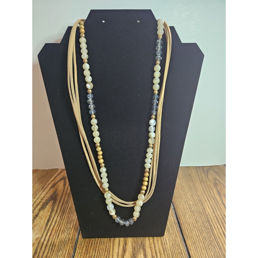 Multi Strand Faux Suede Cord Beaded Layered Boho Statement Necklace Neutral
